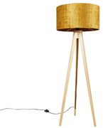 Stojaca lampa drevená s látkovým tienidlom zlatá 50 cm - Tripod Classic