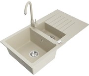 Mexen Matias, 1,5-komorový granitový drez s odkvapkávačom 90x50 cm a kuchynskou batériou Telma, béžová, 6502-69-670200-69