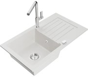 Mexen Pablo, 1-komorový granitový drez 752x436x161 mm a drezová batéria Flora, biela, 6510-20-670401-00