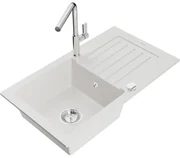 Mexen Pablo, 1-komorový granitový drez 752x436x161 mm a drezová batéria Flora, biela, 6510-20-670401-00