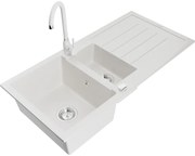 Mexen Andres 1,5-komorový granitový kuchynský drez s odkvapkávačom 100x50 cm a kuchynská batéria Telma, biela, 6515-20-670200-20