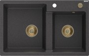 Mexen Tomas granitový dvojkomorový drez 800 x 500 mm, Čierna škvrnitá, Sifón Zlatá - 6516802000-76-G