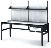 Alfa 3 Antistatický dielenský ESD stôl s perfopanelom a policami, 1 zásuvkový box na náradie, 1800x800x745-985 mm