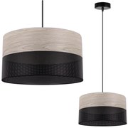 Závesné svietidlo Wood, 1x svetlobéžová dubová dýha/čierne PVC tienidlo, (fi 30cm)