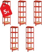 Akcia 5x Regál 180x40x40 cm lakovaný 5-policový, nosnosť 875 kg - červený