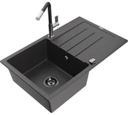 Mexen Bruno, 1-komorový granitový drez 795x495x200 mm a drezová batéria Flora, čierna škvrnitá, 6513-76-670401-07-B