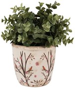 Béžový keramický obal na kvetináč s kvetmi a vtáčikmi Birdie S - Ø 13*12 cm