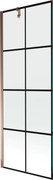 Mexen Next, vaňová zástena 1-krídlová 70 x 150 cm, fixné krídlo, 6 mm číre sklo s čiernym vzorom, ružové zlato profil, 895-070-000-00-77-60