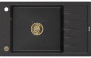 Mexen Elias, granitový drez granitový 795x480x200 mm, 1-komorový, čierna-strieborná metalíza so zlatým sifónom, 6511791005-73-G