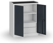 Policová dielenská skriňa 2-dverová, 2 police + 4 zásuvky, 1180 × 950 × 500 mm, grafitové dvere