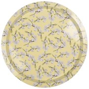 Žltý plechový podnos s vetvičkami s kvetmi - Ø 32*2 cm