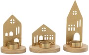 Set 3ks svietnik domček na čajovú sviečku House gold - 9*9*19 cm