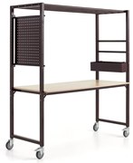 Mobilný multifunkčný stôl TEAMWORK, box na príslušenstvo, panel na náradie, bordová/breza