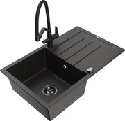 Mexen Bruno granitový jednokomorový drez s odkvapkávačom a kuchynskou batériou Duo, Čierna/Zlatá metalíza - 6513-75-671701-70-B