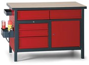 Dielenský pracovný stôl GD, 5 zásuviek, smrek + buková preglejka, 5 zásuviek, 1 skrinka, 1190 x 600 x 850 mm, antracit/červená