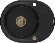 Mexen Kevin granitový jednokomorový drez s odkvapkávačom 586 x 458 mm, Čierna, Sifón Zlatá - 6517581005-77-G