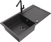 Mexen Leo granitový jednokomorový drez s odkvapkávačom a kuchynskou batériou Flora, Čierna škvrnitá - 6501-76-670401-70-B