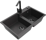 Mexen Tomas, granitový drez 800x500x190 mm, 2-komorový a čierna batéria Rita, čierna škvrnitá, 6516-76-670300-70-B