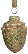 Zeleno-zlatá antik sklenená dekorácia žaluď - Ø 6*8 cm