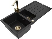 Mexen Andres granitový 1,5-komorový drez s odkvapkávačom a kuchynskou batériou Rita, Čierna - 6515-77-670300-50