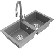 Mexen Mario, 2-komorový granitový drez 820x436x161 mm a drezová batéria Savita, šedá, 6504-71-672601-71