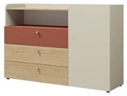Komoda Yoda 8 (svetlobéžová + dub olejovaný + korálová). Akcia -20%. Vlastná spoľahlivá doprava až k Vám domov. 1087357