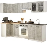 Rohová kuchynská linka OLIVIA 3 m s vitrínou betón