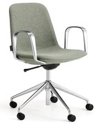 Stolička LANGLEY, nízky sedák, s kolieskami a podrúčkami, brúsený hliník/zelenošedá