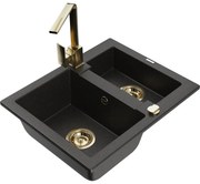 Mexen Carlos, 1,5-komorový granitový drez s odkvapkávačom 582x475x177 mm a zlatá kuchynská batéria Rita, čierna - zlatá metalíza, 6518-75-670300-50