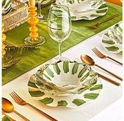 Porcelánová 18-dielna jedálenská súprava, biela/zelená