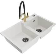 Mexen Tomas, 2-komorový granitový drez 800x500x190 mm  a kuchynská batéria Duo, biela, 6516-20-671701-57-B