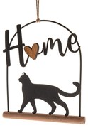 Kovová závesná dekorácia na drevenom základe Mačka, 16 x 18 cm