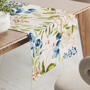 Biante Bavlnený behúň na stôl Sandra SA-668 Kvety a modro-zelené listy na bielom 45x180 cm
