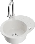 Mexen Kevin granitový jednokomorový drez s odkvapkávačom a kuchynskou batériou Elia, Biela - 6517-20-670101-00