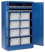 Kovová skriňa SHIFT s plastovými boxmi a prepravkami, 12 boxov + 8 prepraviek