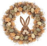 Veľkonočný veniec Hnedý zajac s kvetmi a vajíčkami, pr. 45 cm, 45 x 45 x 9 cm