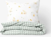 Goldea veľkonočné bavlnené posteľné obliečky - kačice so šalviovo zelenými kockami 140 x 200 a 70 x 90 cm