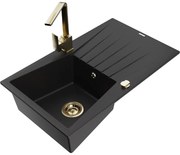 Mexen Cesar, granitový drez 775x470x190 mm, 1-komorový, čierna so zlatým sifónom a zlatá drezová batéria Rita, 6514-77-670300-50