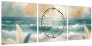 Obraz – Maľovaná pláž v jemných farbách (s hodinami) (90x30 cm)