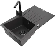 Mexen Cesar, granitový drez 775x470x190 mm, 1-komorový, čierna škvrnitá s čiernym sifónom a čierna drezová batéria Rita, 6514-76-670300-70-B