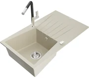 Mexen Cesar, 1-komorový granitový drez 775x470x190 mm a drezová batéria Flora, béžová, 6514-69-670401-07