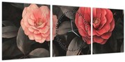 Obraz - Červené kvety na tmavom pozadí (s hodinami) (90x30 cm)