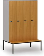 Drevená šatníková skrinka S4 s lavičkou, 4 oddiely, 1871 x 1200 x 500/800 mm, demont, mechanický kódový zámok, sivá/buk