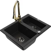Mexen Carlos, 1,5-komorový granitový drez 582x475x177 mm a drezová batéria Elia, čierna, 6518-77-670101-50-B