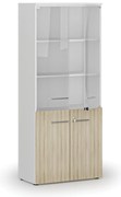 Kombinovaná kancelárska skriňa PRIMO WHITE s drevenými a sklenenými dverami, 800 x 420 x 1781 mm, biela/dub prírodná