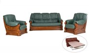 Rozkladacia kožená sedacia súprava Baron LUX 3R+1+1 - zelená s hnedým drevom