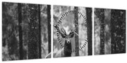 Obraz - Jeleň v lese 2, čiernobiela (s hodinami) (90x30 cm)