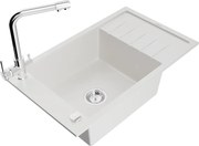 Mexen Elias granitový jednokomorový drez s odkvapkávačom a kuchynskou batériou Duero, Biela - 6511-20-671600-00