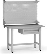 Výškovo nastaviteľný dielenský stôl G5 s nadstavbou, 1200 x 750 x 800-1000 mm, 1x kontajner, 1 zásuvka, sivá