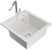 Mexen Vito, 1-komorový granitový drez 490x520x210 mm a drezová batéria Flora, biela, 6503-20-670401-06